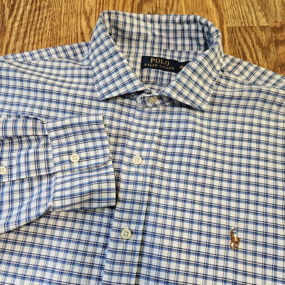 Mens Polo Ralph Lauren Light‎ Blue & White Checkered Button Down Shirt XL